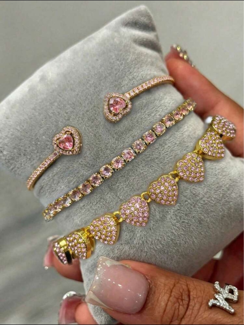 Gold-Tone Pink Crystal Heart Bracelet Set